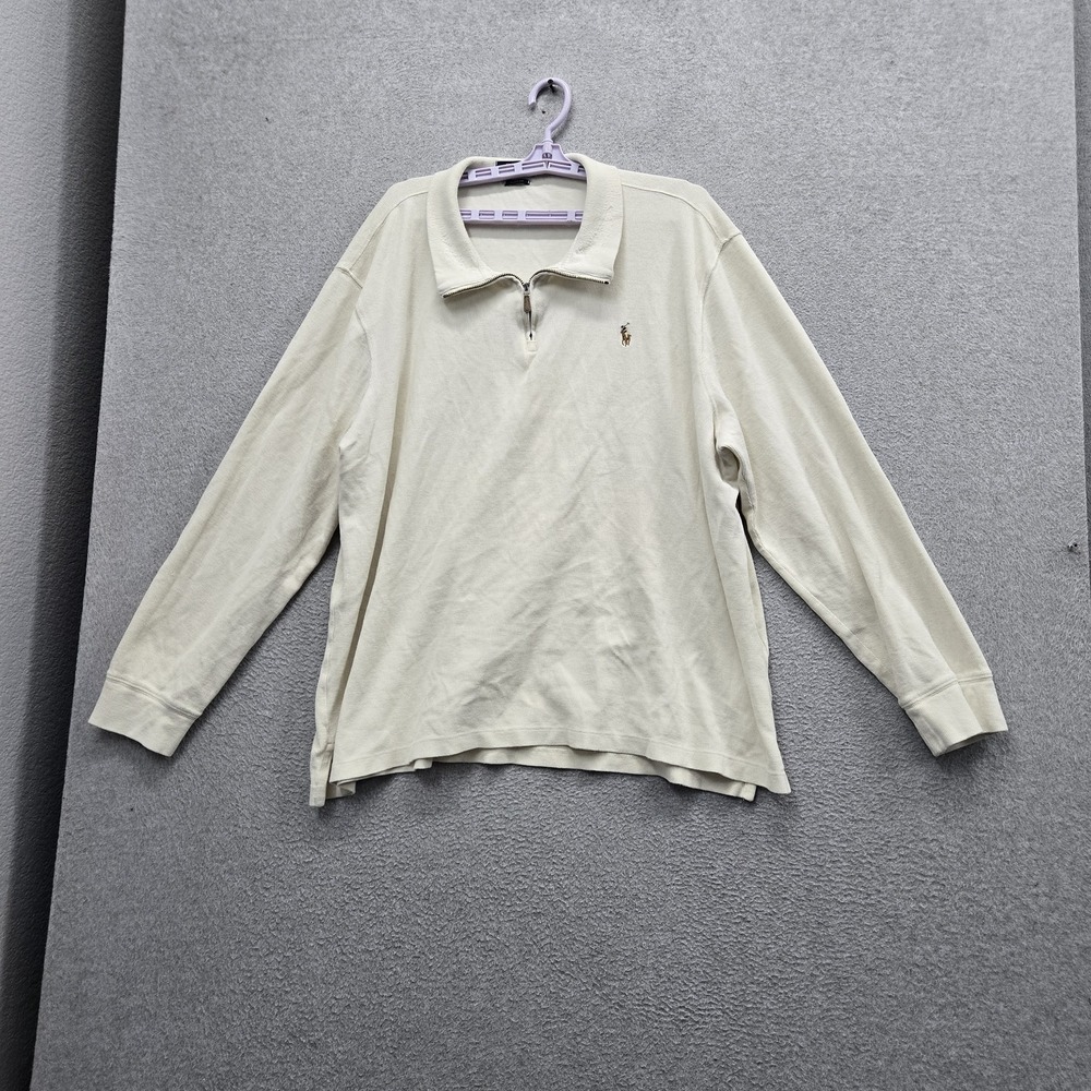 Polo Ralph Lauren Men Sweatshirt XXL Cream Embroidered‎ Quarter Zip Zipper Logo